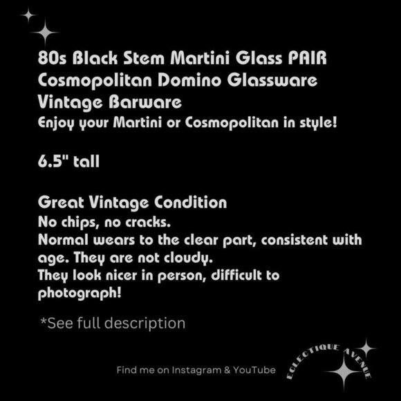 80s Black Stem Martini Glass set of 4 Cosmopolitan Domino Vintage Barware - Picture 11 of 11